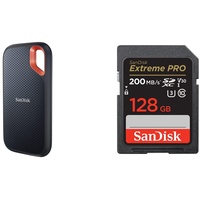 SanDisk Extreme Portable SSD 2 TB, Schwarz & Extreme PRO SDXC UHS-I Speicherkarte 128 GB (V30, Übertragungsgeschwindigkeit 200 MB/s, U3, 4K UHD Videos
