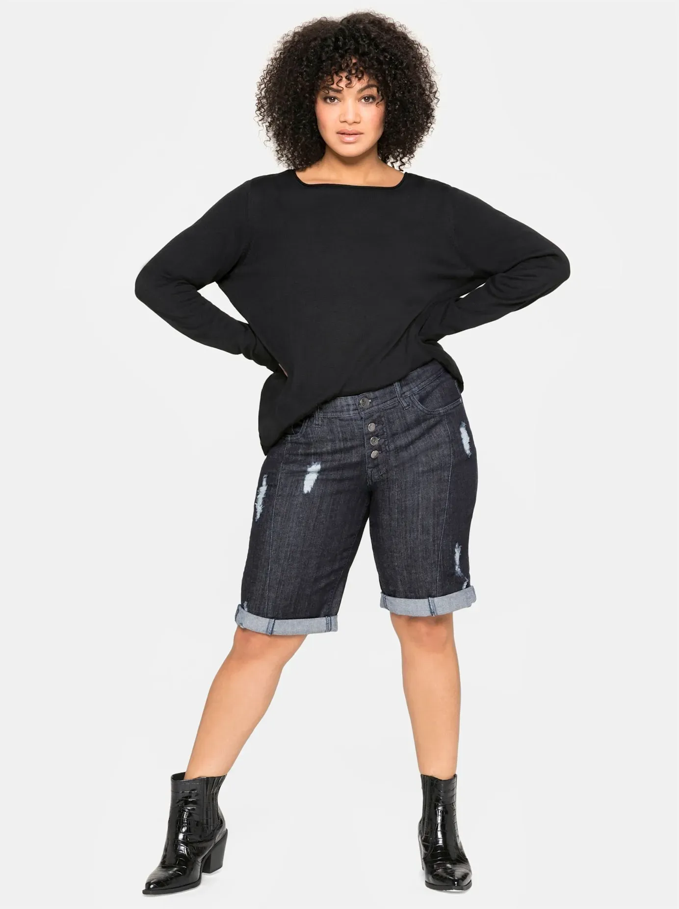 Rundhalspullover SHEEGO "Rundhalspullover", Damen, Gr. 40/42, schwarz, 70% Viskose, 17% Leinen, 13% Polyester, unifarben, Pullover Rundhalspullover