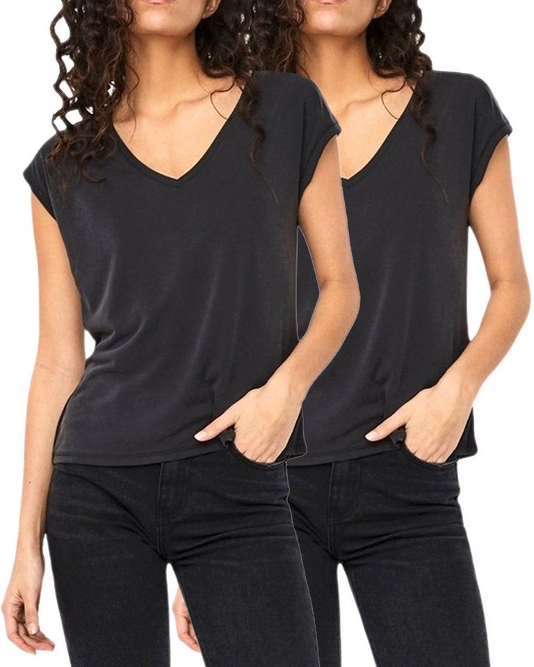 Vero Moda T-Shirt (2er-Pack) Basic Shirt mit V-Ausschnitt im Doppelpack schwarz XS