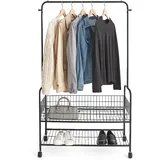 Relaxdays Kleiderständer mit 2 Ablagen, Kleiderstange, Kleiderhaken, HBT 165 x 90 x 30cm, Rollgarderobe, schwarz