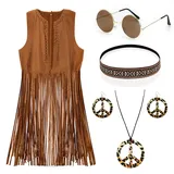 Hippie Kostüm, Hippie Kleidung Damen, Hippie Kostüm Damen, 60er 70er Jahre Bekleidung Damen Hippie Weste, Hippie Accessoires Brille Kette Haarband Ohrringe, Disco Outfit Hippie Faschingskostüme