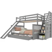 OKWISH Etagenbett 90x200/140x200 mit Schubladen und Rutsche, Hochbett aus Kiefer und MDF, platzsparendes Doppelbett mit Stauraum, stabiles Bettgestell Grau