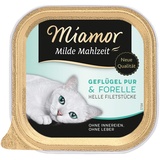 Miamor - Milde Malzeit | Nassfutter für ausgewachsene Katzen mit Filetstückchen vom Geflügel. Leicht verdauliches Ergänzungsfutter in der Dose ohne Zusatzstoffe | 16x100g Geflügel Pur & Forelle