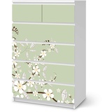 Möbelfolie selbstklebend passend für IKEA Malm Kommode 6 Schubladen (hoch) I Möbelaufkleber - Möbel-Sticker Aufkleber Folie I Deko Wohnung für Schlafzimmer und Wohnzimmer - Design: White Blossoms