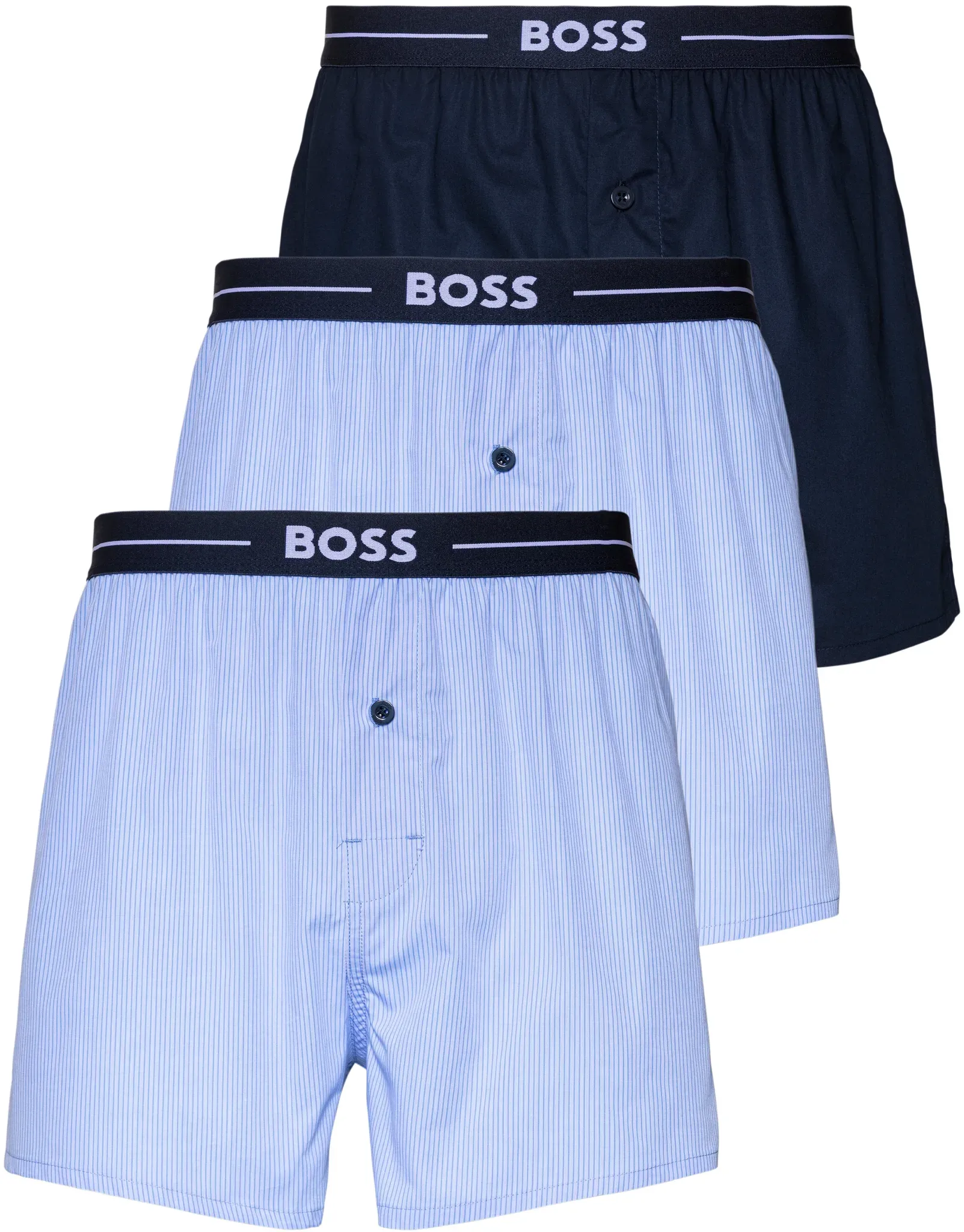 Boxershorts BOSS "3P Woven Boxer 10255001 01" Gr. L (52), 3 St., blau (open blue 473) Herren Unterhosen Boss mit BOSS Schriftzug auf dem Bund