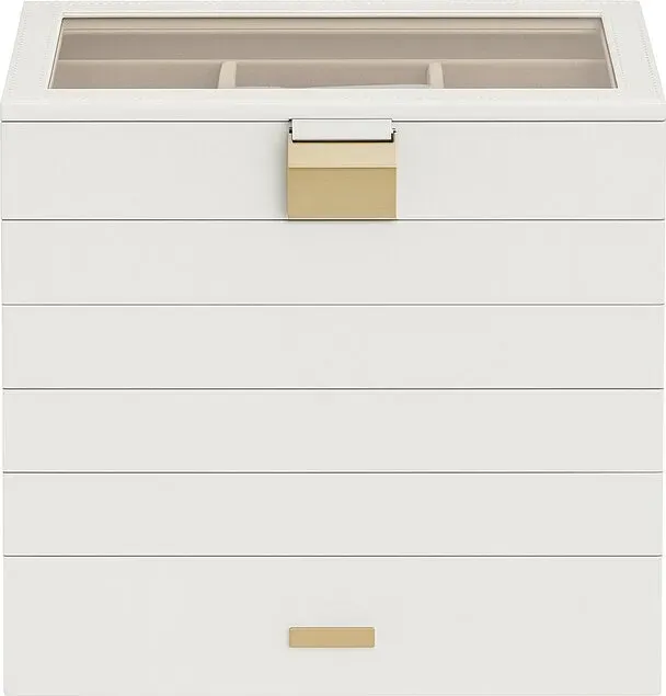 JOYFURNOS Stapelbare Schmucktabletts, 6-stöckige Schmuckbox, Große Schmuckschatulle, Klarglasdeckel, 17 x 28 x 25,3 cm, für Schminktisch, Geschenkidee, Wolkenweiß