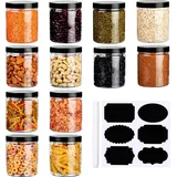 Belle Vous 12 tlgs. Set Transparenter Plastikdosen mit Deckel, Etiketten & Stift - Wiederverwendbare 500 ml Vorratsdosen mit Deckel Luftdicht & - Für Nüsse, Gewürze & Bastelbedarf