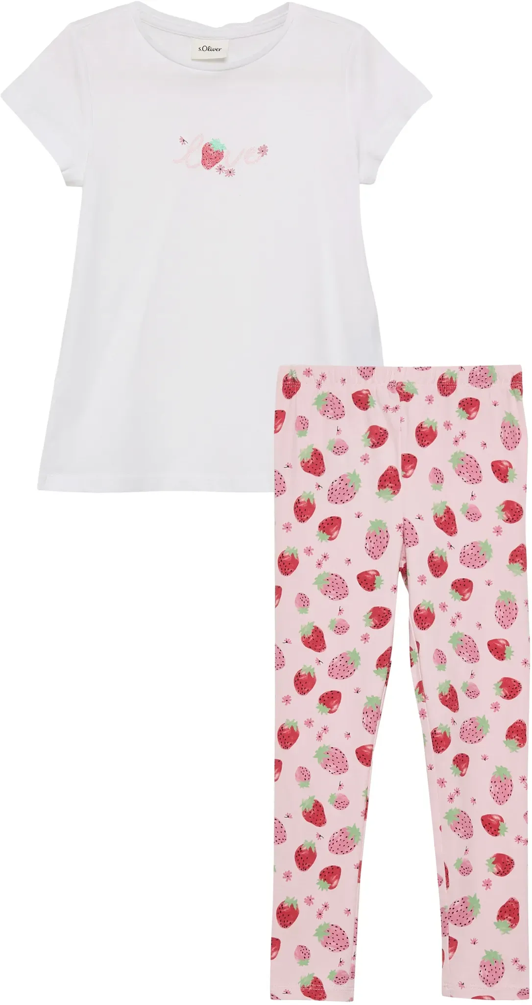 Shirt & Leggings S.OLIVER JUNIOR, Mädchen, Gr. 92/98, rosa (weiß, rose aop), Jersey, Obermaterial: 95% Baumwolle, 5% Elasthan, bedruckt, KOB Set-Artikel, 2er Set, gemusterte Leggings und Sommershirt, für Girls