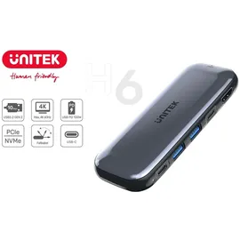 UNITEK Hub USB-C M.2 HDMI PD 100W D1046A uHUB H6 Storage 6-in-1 SSD Storage mit 10Gbps Daten, und / Grau