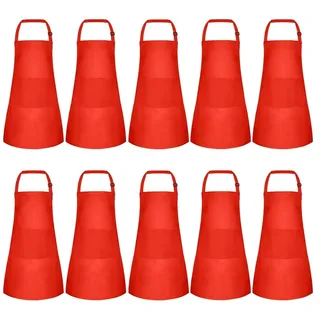 Flaroey 10er-Pack Kinderschürze, Verstellbare Kinderschürze mit 2, Malschürze für Kochen, Backen, Malen, Rot
