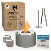 Monster24 Tischfeuer Bio-Ethanol Tischkamin für Indoor & Outdoor, Echtfeuer-Dekokamin (Höhe 26 cm / Durchmesser 16 cm) grau 26 cm