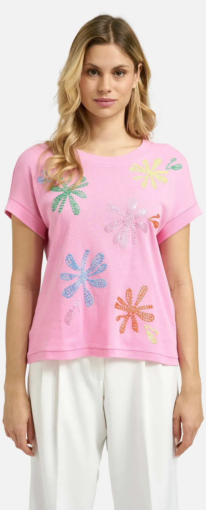 Rundhalsshirt MILANO ITALY, Damen, Gr. L, pink (rosa), Single Jersey, Material: 80% Baumwolle, 20% Leinen, bedruckt, regular fit normal, Rundhals, angeschnitten, Shirts Rundhalsshirt, mit überschnittener Schulter