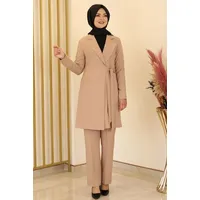 Modavitrini Hosenanzug Damen Zweiteiler – Langarm Long-Sakko mit Hose – Modest Fashion (eleganter Outfit) mit Reverskragen beige 40 (EU 38)