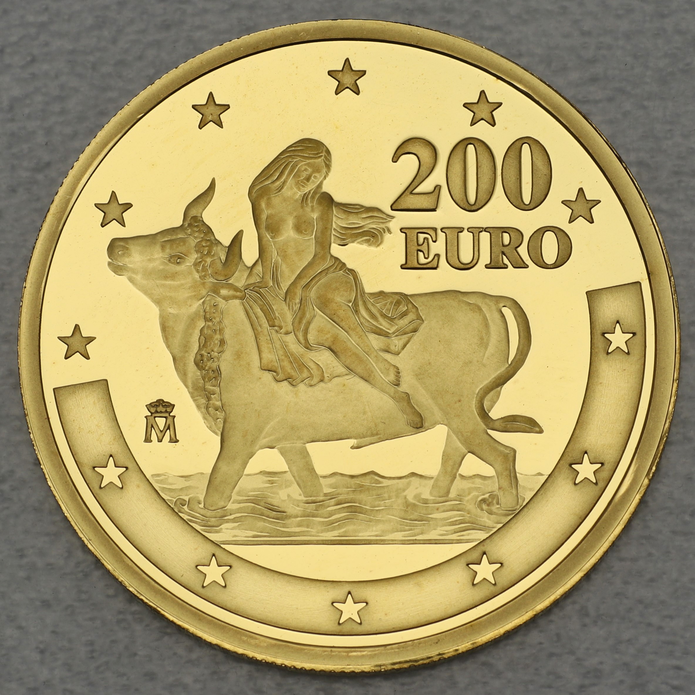 Goldmünze 200 Euro - 2003 Göttin Europa (PP) Jahrestag Euroeinführung Spanien/Europa auf Stier