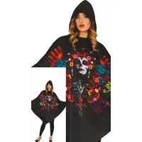 FIESTAS GUIRCA Tag der Toten Poncho Halloween Damen – Schwarzer Poncho mit Sugar Skull Aufdruck – Día De Los Muertos Halloween Kostüm Dame L 40-42