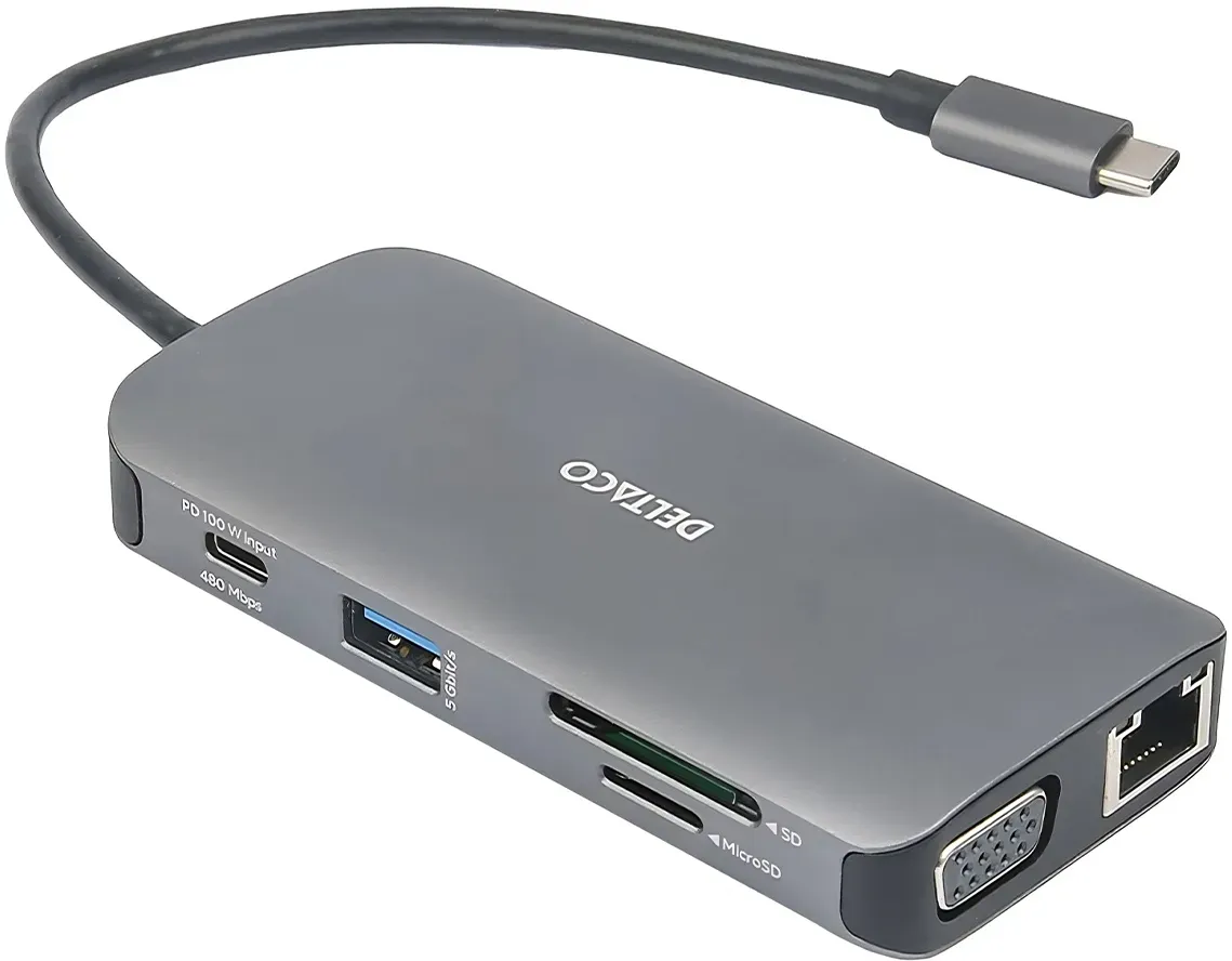 Deltaco USB-C Dockingstation mit 9 Ports - Grau
