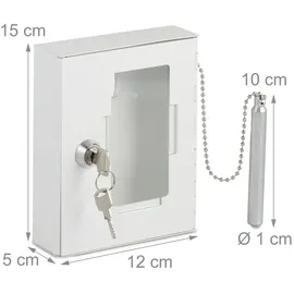 Relaxdays Notschlüsselkasten mit Glasscheibe, Hammer & Schlüssel, abschließbar, Metall, Notschlüsselbox, Notkasten, weiß