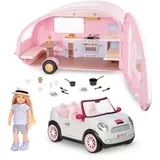Lori Wohnwagen, Auto und 15 cm Puppe Eliza Set mit Zubehör – Glamping mit Puppenzubehör, Cabrio, Kochutensilien, Bettzeug und mehr – Puppenhaus Spielzeug für Kinder ab 3 Jahre (36 Teile)