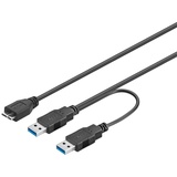 PremiumCord USB 3.0 Stromversorgung Y-Kabel, Micro USB B Stecker auf 2x USB A Stecker, Datenkabel SuperSpeed bis zu 5Gbit/S, Farbe schwarz, Länge 0, 3m