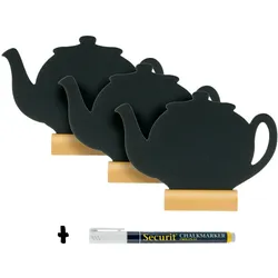 Securit® Silhouette Mini Kreidetafeln ''Teekanne'' – 3er-Set – Mit Kreidemarker – Holzbasis