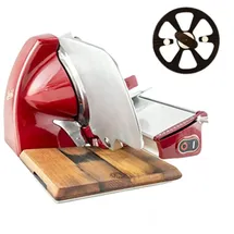 Berkel Aufschnittmaschine Home Line 200 Plus in rot - Küchenschneidemaschine inkl. Messerabnehmer und handgefertigtem Fassholzbrett Unikat - Sonderangebot