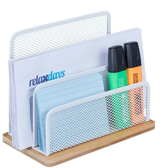 Relaxdays Briefhalter Metall & Bambus Weiß,Hellbraun