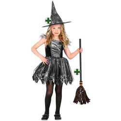 Karneval-Klamotten Hexen-Kostüm schwarz silber Hexenkleid mit Hexenhut Hexenbesen, Kinderkostüm Mädchenkostüm Halloween Kleid, Hut und Hexenbesen schwarz|silberfarben 116