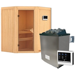 Karibu Sauna Taurin mit Eckeinstieg 68 mm-9 kW Ofen inkl. Steuergerät-ohne Dachkranz