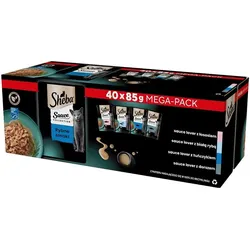 SHEBA Sauce Collection Fisch-Aromen Soßentütchen 40x85 g mit Lachs, Weißfisch, Thunfisch, Kabeljau