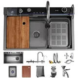OMGMTSTORE Wasserfall-Küchenspüle 68x45 cm,1 Becken Edelstahlspüle Schwarz Anthrazit,Küchenspüle Groß Waschbecken Küche,mit Wasserhahn,4-fach Armatur,Überlauf,Siphon,Ablaufgarnitur,Schneidebrett