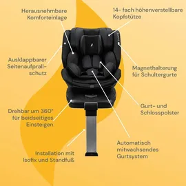 Osann Eno360 SL i-Size , drehbarer Kindersitz 40-150 cm, Reboarder mit Isofix und Standfuß – All Black - Schwarz