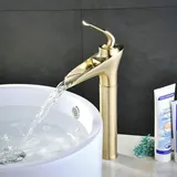 Wasserfall-waschtischarmatur In Gebürstetem Gold, Hochleistungs-waschtischarmatur Aus Massivem Messing, Antik-retro-waschtischarmatur, Warm- Und Kaltwasser Einstellbar, Keramikventil