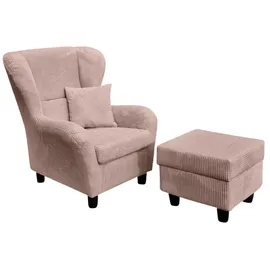 luma-home Ohrensessel mit Hocker Landhaus-Stil, B90/H98/T76 cm, hoher Sitzkomfort durch Wellenunterfederung, moderner Lesesessel mit Echtholzfüßen und Zierkissen, Cord in Rosa