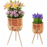 Blumentopf 2er Set Rattan Look Pflanzenständer Boho Korb Holz