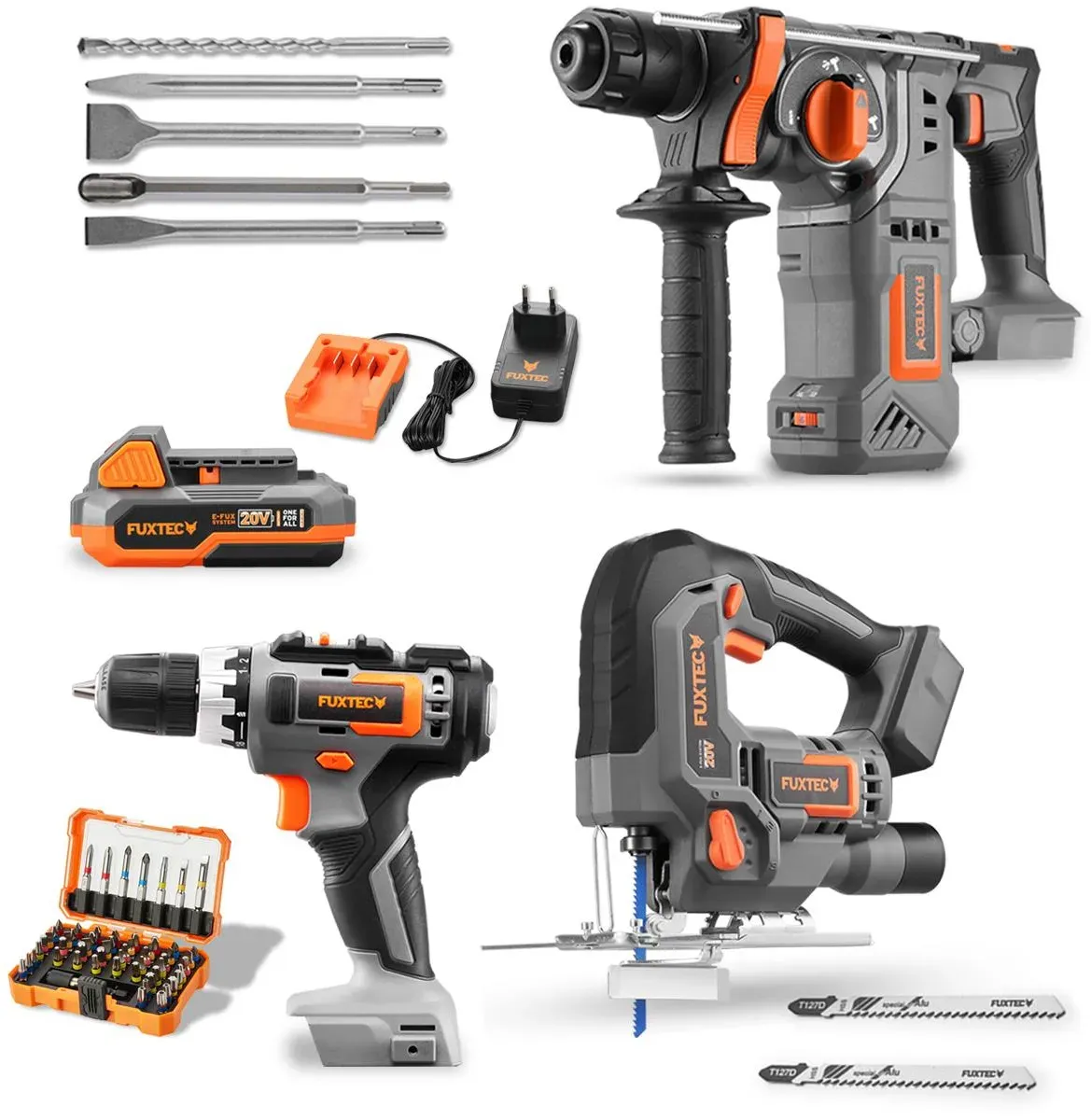 20V Akku PowerTool-Bundle mit Stichsäge, Akkuschrauber & Bohrhammer