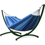 Potenza Outdoor Hängematte mit Gestell für 2 Personen I Baumwolle Doppelhängematte XXL 220x160, 200kg I Hängemattengestell 220kg, wetterfest (Blau, Gestell Grün)