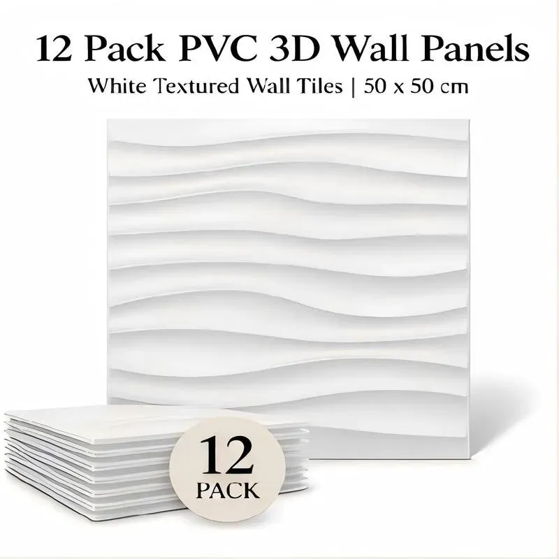 12er-Pack PVC-Wandpaneele für Innenwanddekoration, weiße strukturierte 3D-Wandfliesen, 50x50cm