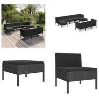 vidaXL 10 tlg. Garten Lounge Set mit Auflagen Poly Rattan Schwarz - Garten-Sofagarnitur - Garten-Sofagarnituren - Gartensofa-Set - Gartensofa-Sets - Schwarz