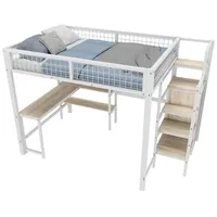 Rutaqian Hochbett Hochbett, 140x200cm, Eisenbett, Ablageleiter, mehrere Regale (1-St) Ohne Matratze,Einbauschrank, Schreibtisch, schwarz /Weiß