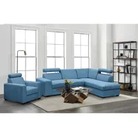 Ecksofa mit Sessel Roma modernes Eckgarnitur mit Sessel Schlafecke mit Bettkasten Kopfstützen, Stoff: vardo 87 - blau, Ottomane: rechts - Blau