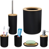 Relaxdays Badezimmer Set, 6-teilig, Badaccessoires Kunststoff, Bambus, komplette Badezimmerausstattung, Badset, schwarz