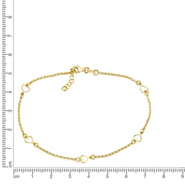 VIVANCE Fußkette "925/- Sterling Silber vergoldet Herzen", gelb, Fußketten, Damen, 24+2cm, Silber 925 (Sterlingsilber), glänzend