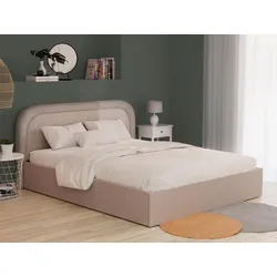 Bett mit Bettkasten + Matratze - 160 x 200 cm - Bouclé-Stoff - Beige - FIREZA