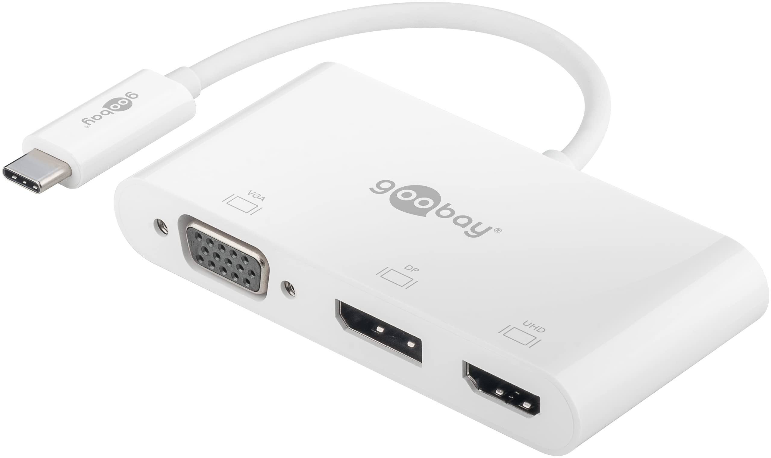 goobay 52412 Multiport Adapter USB-C auf VGA + DP + HDMI – Auflösungen bis max. 4K*2K@60Hz – Spiegelt auf bis zu 4 Bildschirme gleichzeitig