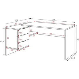 Dmora Schreibtisch Greensboro, Wendeschreibtisch mit Kommode, Eckstudie oder Büro-PC-Tisch, 145x108h73 Eiche und Weiß - Braun