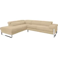 Ecksofa W.SCHILLIG "finn, toller Sitzkomfort, L-Form, hochwertige Verarbeitungsdetails", beige (sahara s37), B:281cm H:71cm T:230cm, Flachgewebe S22 (100% Polyester), Stoff S37 (100% Polyester), Longlife Xtra-Leder Z59: Glattleder mit modischer Prägung. Hautstärke 0, 9 - 1, 1 mm, Sofas, German Design Award 2016, Fußgestell Chrom glänzend, Breite 281 cm