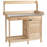 Outsunny Pflanztisch mit verzinkter Arbeitsplatte Schublade Schrank, 112x45x125cm, Natur Aosom