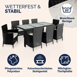 CASARIA Gartenmöbel Set 17-TLG. mit Tisch 190x90cm 8er Stühle 160kg belastbar Auflagen Wetterfest Stapelbar Polyrattan Schwarz Balkon Terrassen