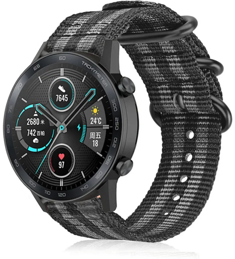 Strap-it Honor Magic Watch 2 Armband Nylon für Honor Magic Watch 2 - 46mm - Schwarz/Grau - Schnallenverschluss
