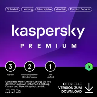 Kaspersky Premium Total Security 2024-2025 | 1-20 Geräte | 1 Jahr | Anti-Phishing und Firewall | Unbegrenzter VPN | Passwort-Manager | Kindersicherung | 24/7 Unterstützung | PC/Mac/Mobile | Code pe...